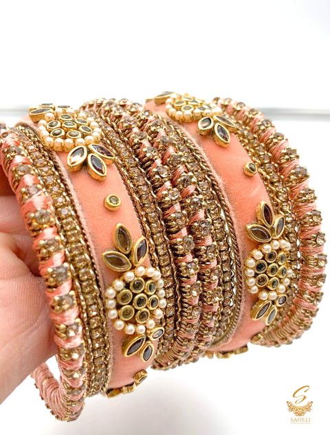 Pastel Peach colour Ethnic Handmade thread with velvet & kundan Stone Beautiful bangles set