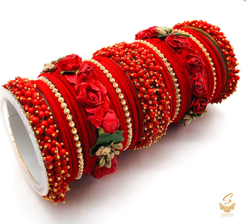 Red colour velvet bangles with pearl & Floral Kade beautiful bridal set