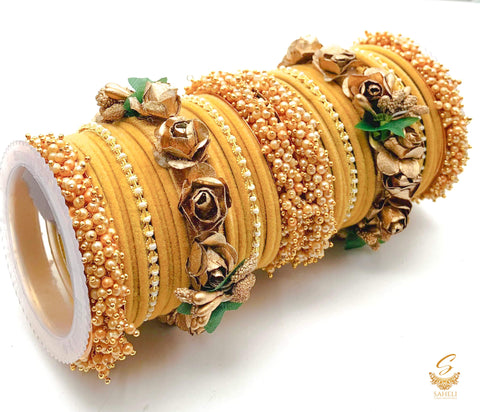 Golden Biscotti colour velvet bangles with pearl & Floral Kade beautiful bridal set