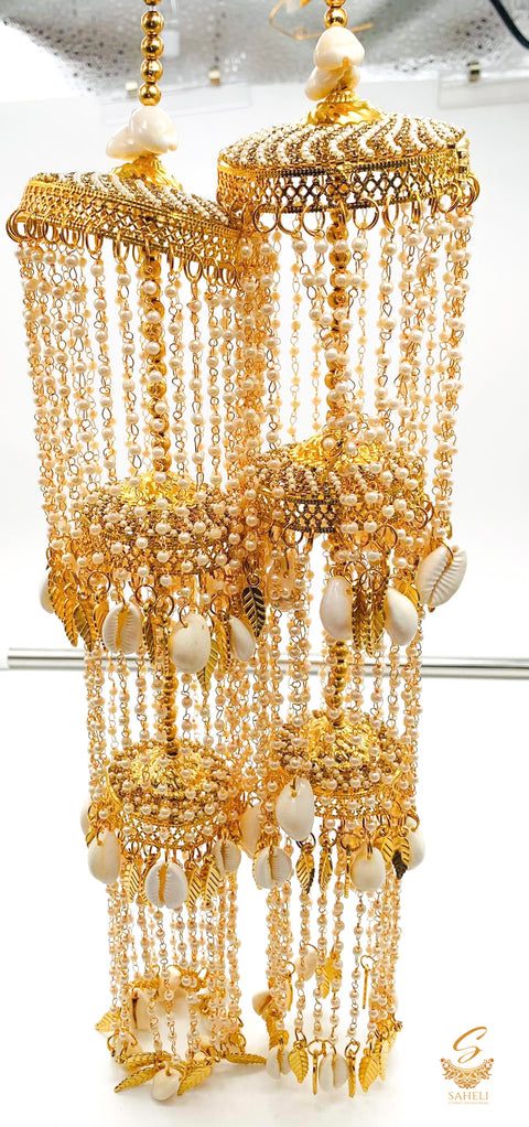 Golden and white pearls beaded with sea shells Pearl Jhallar with pipal Patti designer kalire