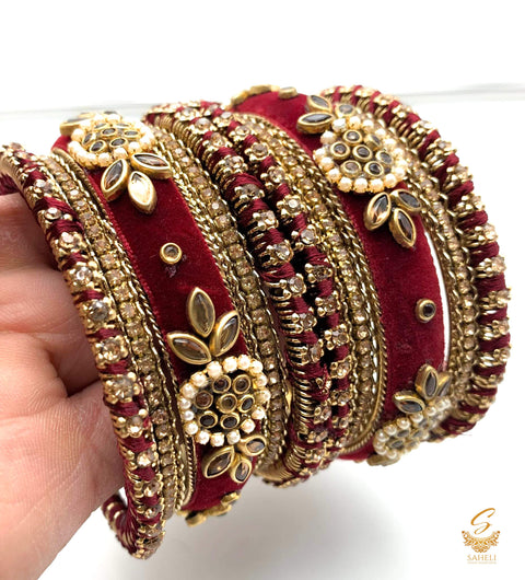 Deep MAroon colour Ethnic Handmade thread with velvet & kundan Stone Beautiful bangles set