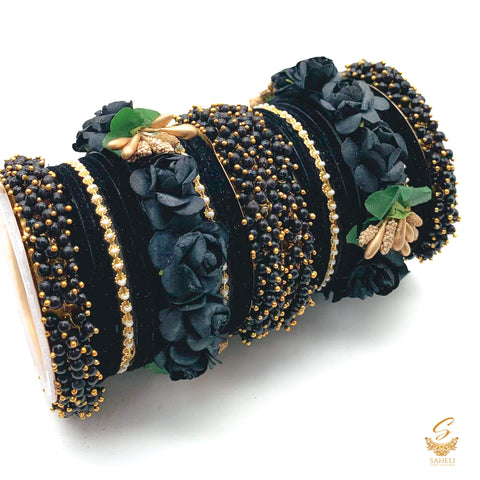 Black colour velvet bangles with pearl & Floral Kade beautiful bridal set