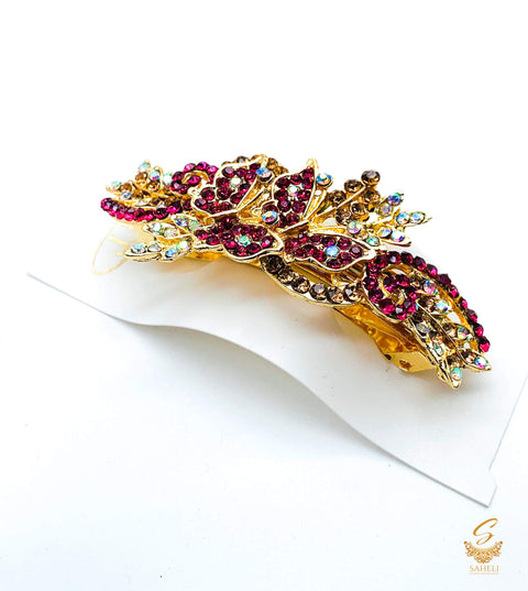 Mazenta Pink colour Crystals with jerkan stone beautiful hair clip