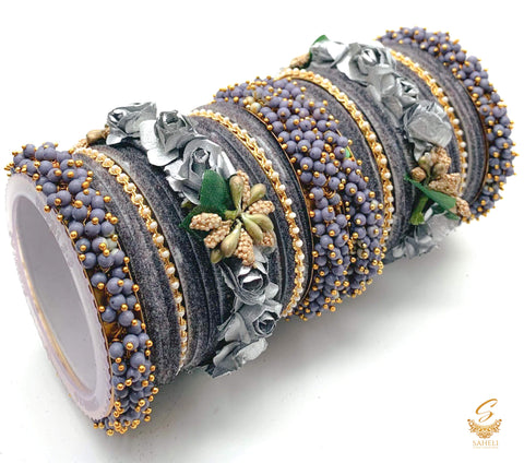 Deep Anchor Grey colour velvet bangles with pearl & Floral Kade beautiful bridal set