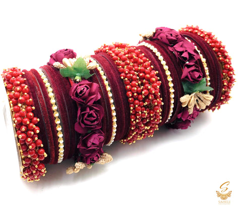Mahogany MAroon colour velvet bangles with pearl & Floral Kade beautiful bridal set