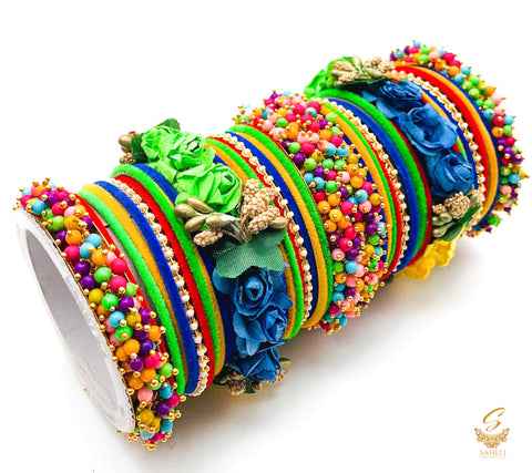 Multicoloured  velvet bangles with pearl & Floral Kade beautiful bridal set