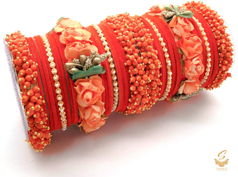 Dark Orange colour velvet bangles with pearl & Floral Kade beautiful bridal set