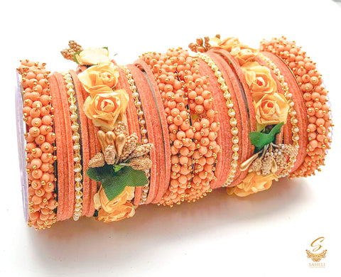 Pastel Peach colour velvet bangles with pearl & Floral Kade beautiful bridal set