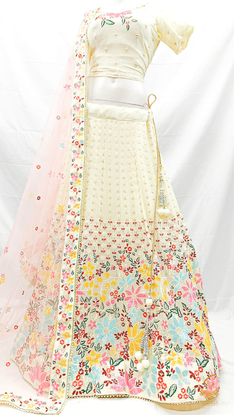 Size 42(upto 46) Off White colour multicoloured work heavy embroidery with sequined floral embroidery work very heavy ken ken multi flared Bridal Lehnga with stitched blouse & heavy lace beaded dupatta