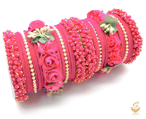 Hot Pink colour velvet bangles with pearl & Floral Kade beautiful bridal set