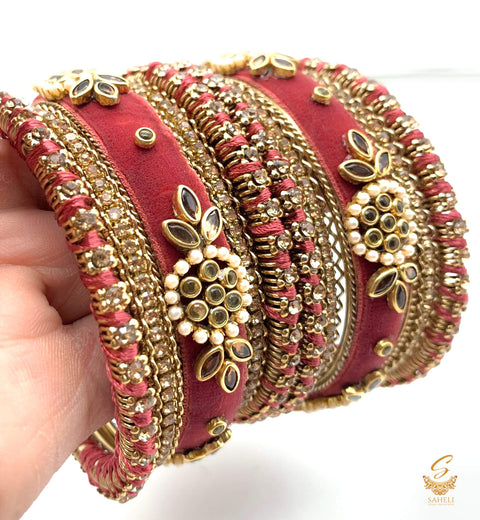 Mauve colour Ethnic Handmade thread with velvet & kundan Stone Beautiful bangles set