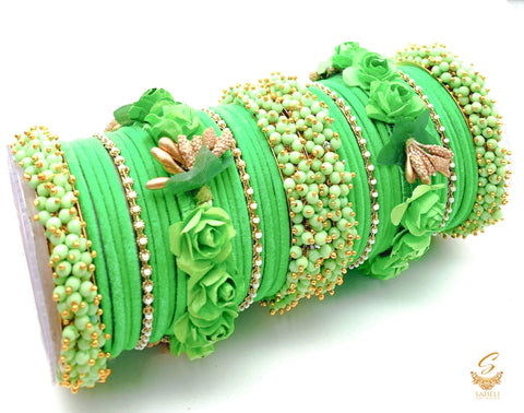 Lime green  colour velvet bangles with pearl & Floral Kade beautiful bridal set