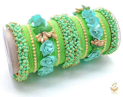 Lime green colour velvet bangles with pearl & Floral Kade beautiful bridal set