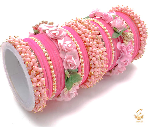 Bubblegum Pink colour velvet bangles with pearl & Floral Kade beautiful bridal set