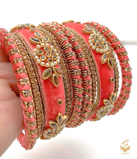 Dark Peach colour Ethnic Handmade thread with velvet & kundan Stone Beautiful bangles set