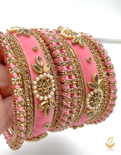 Pastel Pink colour Ethnic Handmade thread with velvet & kundan Stone Beautiful bangles set