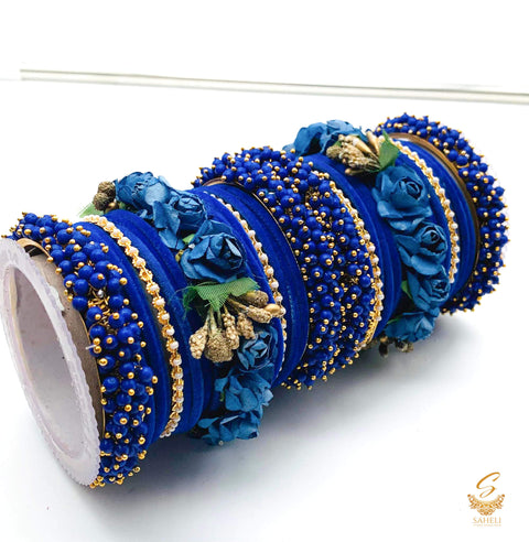 Deep Blue colour velvet bangles with pearl & Floral Kade beautiful bridal set
