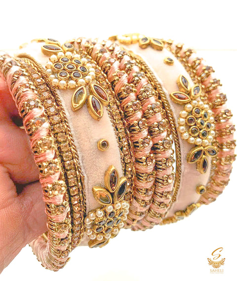 Pastel Rosegold colour Ethnic Handmade thread with velvet & kundan Stone Beautiful bangles set