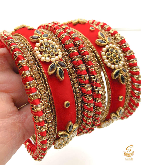 Dark Red colour Ethnic Handmade thread with velvet & kundan Stone Beautiful bangles set