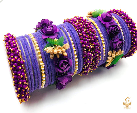 Deep Lavender & Purple colour velvet bangles with pearl & Floral Kade beautiful bridal set