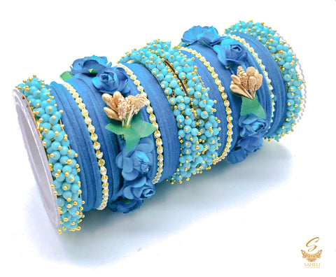 Deep Firozi colour velvet bangles with pearl & Floral Kade beautiful bridal set