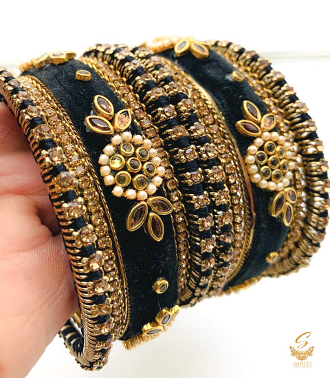 Black colour Ethnic Handmade thread with velvet & kundan Stone Beautiful bangles set