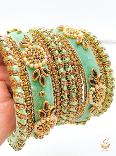 Pastel mint colour Ethnic Handmade thread with velvet & kundan Stone Beautiful bangles set