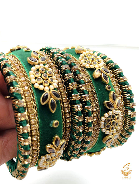 Dark Green colour Ethnic Handmade thread with velvet & kundan Stone Beautiful bangles set