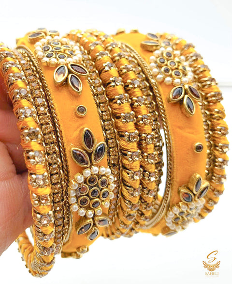 Yellow colour Ethnic Handmade thread with velvet & kundan Stone Beautiful bangles set