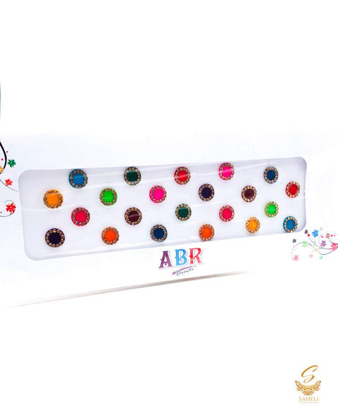 Latest Multi coloured stone fancy bindi medium size velvet base