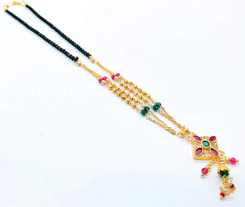 Ruby & emerald green stone with jerkan Gold Plated (Artificial) Mangalsutra With Artificial Black Beads Chain, apx Size: 20-22 cm