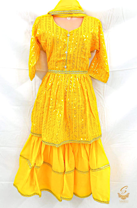 Mustard Yellow colour pure georgette based beautiful sequined work very soft sharara suit with pure georgette dupatta for kids