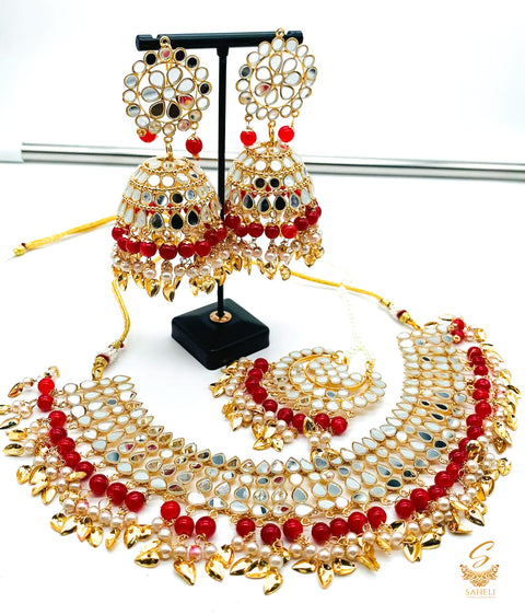 Red colour pearls with original mirror work necklace set with earrings & tikka