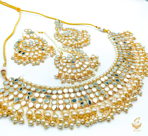 White colour pearls with original mirror work necklace set with earrings & tikka