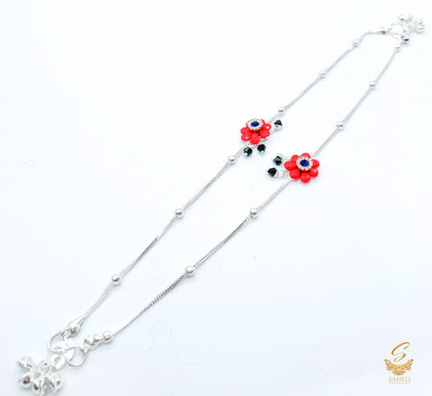 Latest Silver Anklets With Pink Flowers in Pair (not original silver)