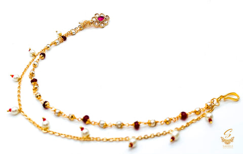 MAroon & golden polki stone with pearl work mini nose ring nath