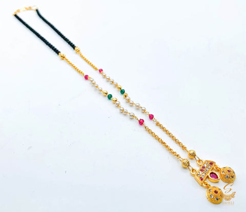 Ruby & emerald green stone with jerkan Gold Plated (Artificial) Mangalsutra With Artificial Black Beads Chain, apx Size: 20-22 cm