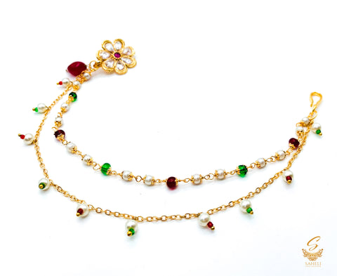 MAroon with green & golden polki stone with pearl work mini nose ring nath