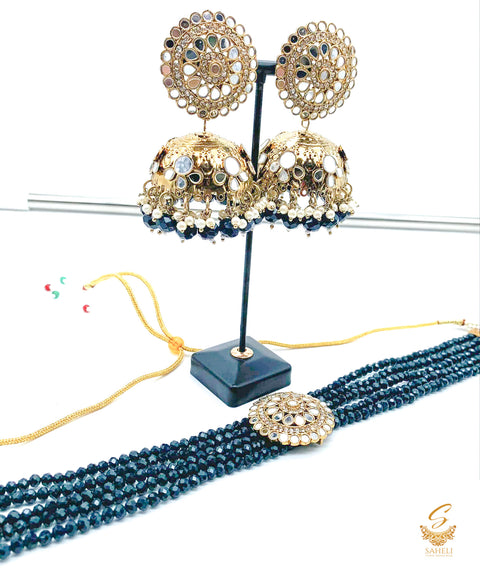 Deep Peacock Blue colour beads work & original mirror work design choker necklace with Jhumka