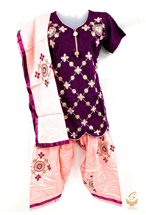 Deep Purple & Baby Pink colour pure rayon based beautiful embroidery work very soft salwar suit with pure georgette dupatta for kids