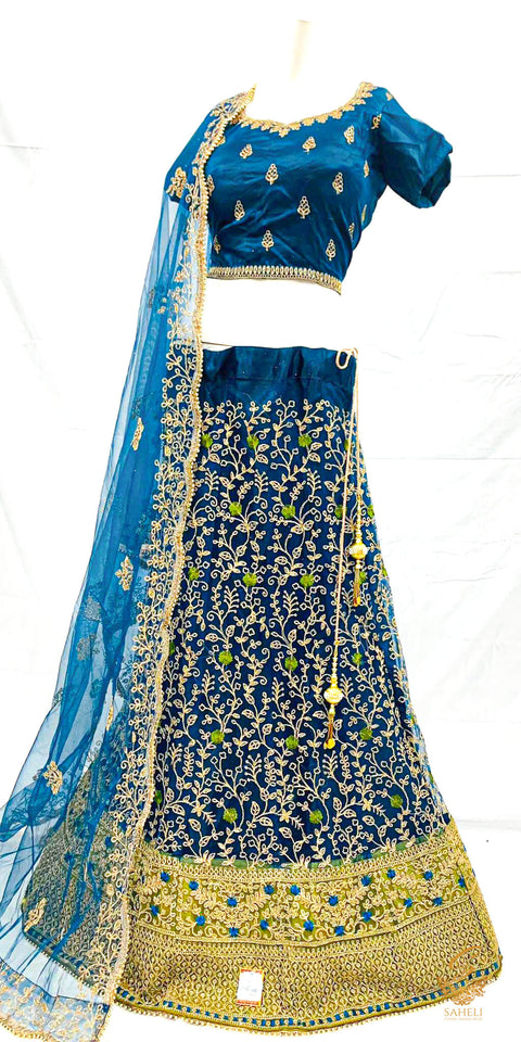 Size 42(upto 46) Peacock Blue & Deep Olive green colour shimmer thread embroidery work design heavy work lehnga with stitched blouse & netting dupatta with heavy lace border