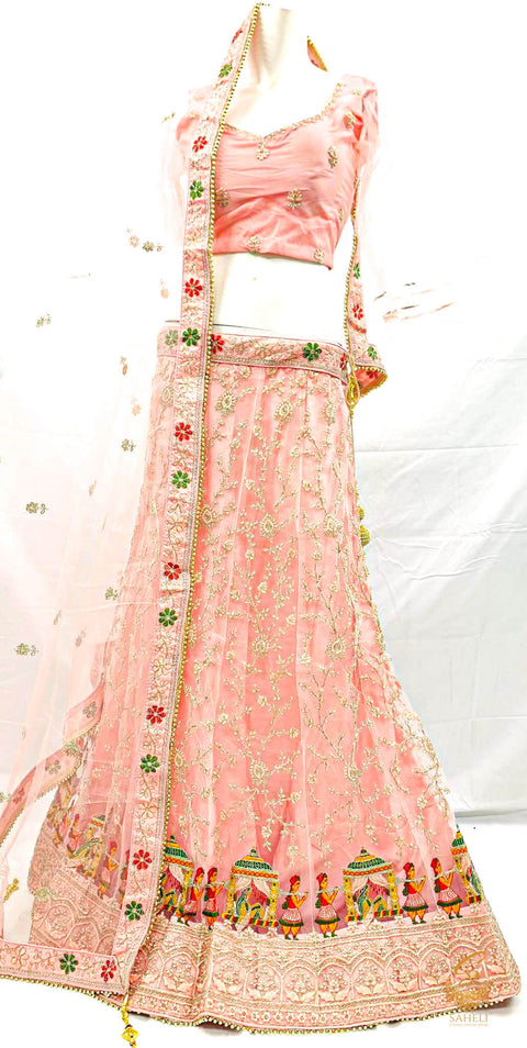 (SIZE 40 (Upto 44)) Pastel rose pink Colour Netting Based Beautiful Multicoloured Embroidery Work With Sequined Stones Work Very Heavy Ken Ken Heavy Designer Lehnga With Heavy Tessels Attached To Blouse & Lehnga With Heavy Work Contrast Dupatta