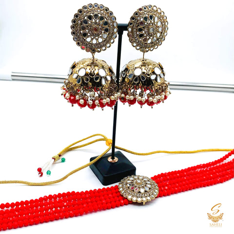 Bright Red colour beads work & original mirror work design choker necklace with Jhumka