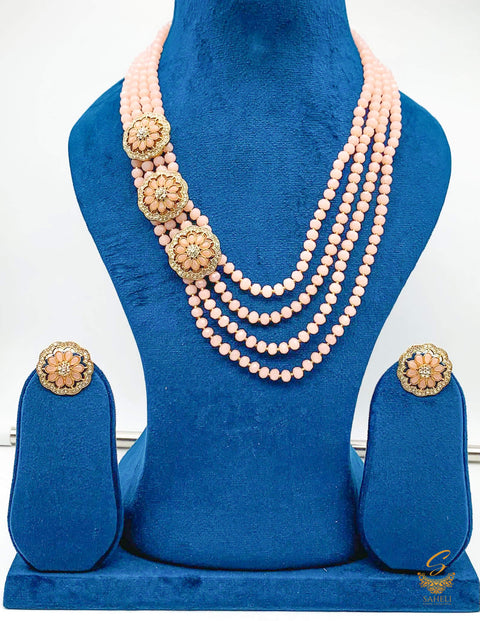 Rose gold colour jerkan stone work & pearls beaded long necklace with small studs necklace set