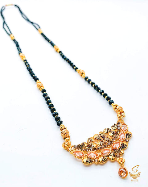 Polki Stone Gold Plated (Artificial) Mangalsutra With Artificial Black Beads Chain, Size: 24cm