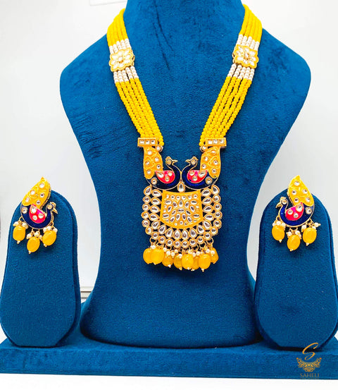 Mustard colour beads work with kundan stone meenakari work Peacock design beautiful rani haar necklace set
