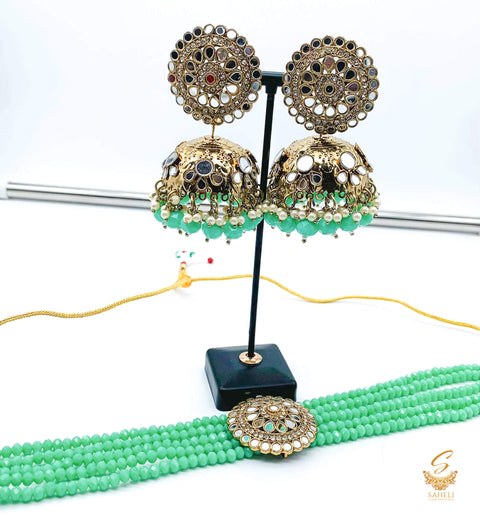 Pastel Mint colour beads work & original mirror work design choker necklace with Jhumka
