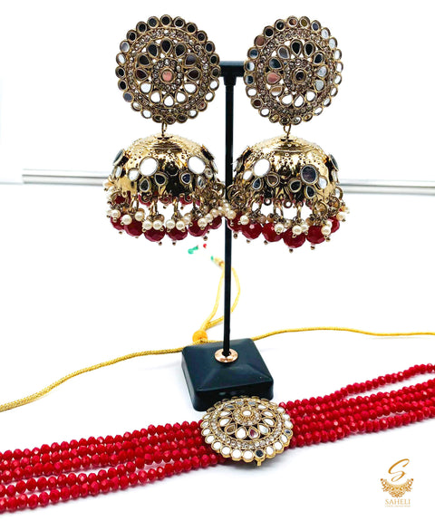 Maroon colour beads work & original mirror work design choker necklace with Jhumka