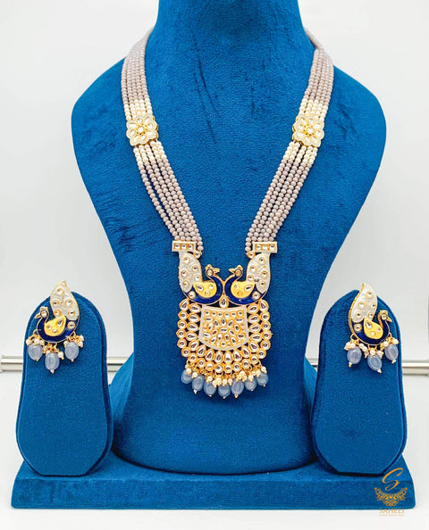 Grey colour beads work with kundan stone meenakari work Peacock design beautiful rani haar necklace set