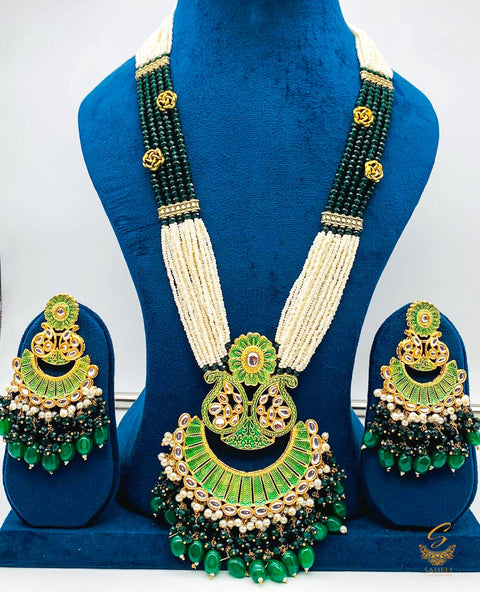 Bottle green colour meenakari with kundan work pendant Long rani haar with pearl work set with beatiful design earrings
